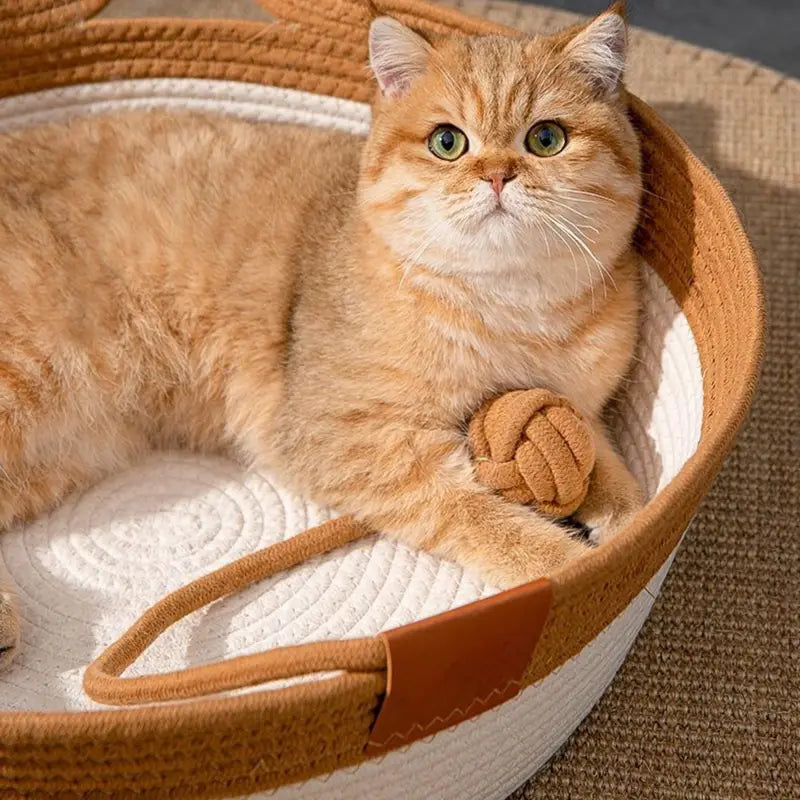 Cat Ear Shape Thickened Woven Cat Scratching Board Pet Bed - Khaki White